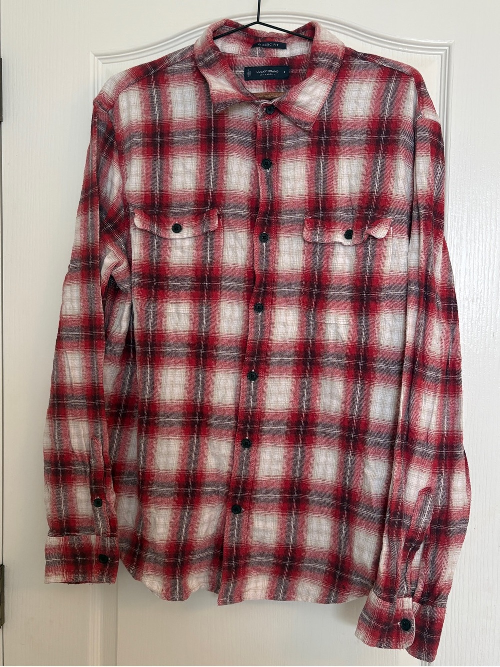 Lucky Brand Men's Classic Fit Red Plaid Flannel Shirt Size L Long Sleeve Cotton